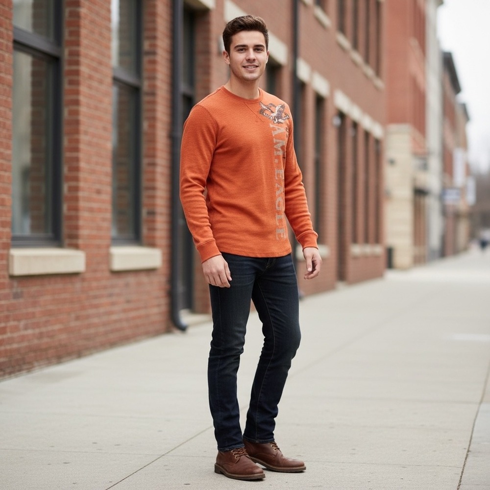 American Eagle Mens Orange Waffle Knit Thermal Graphic Long Sleeve Shirt Medium